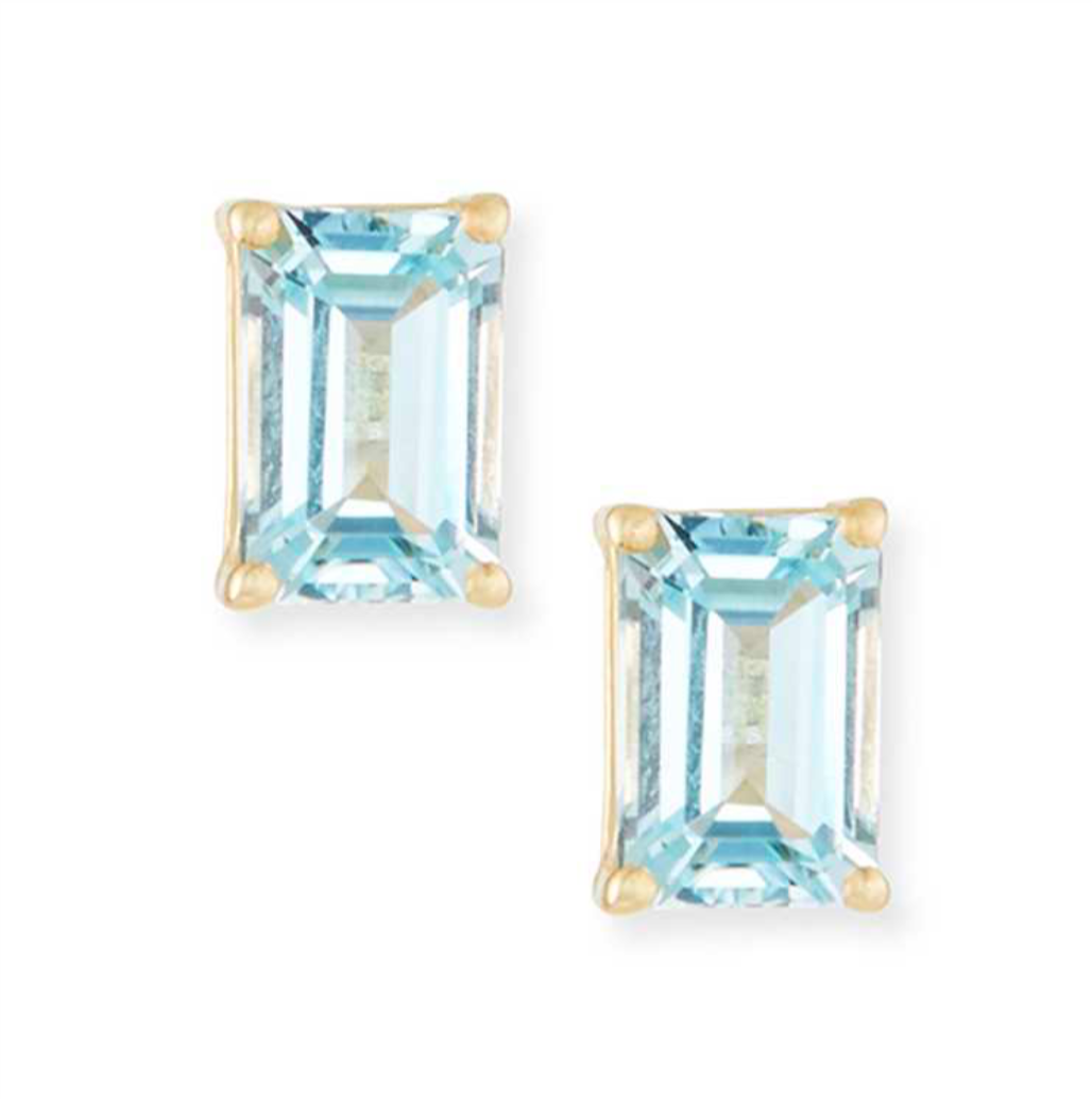 14K EMERALD CUT STUD EARRINGS - BLUE TOPAZ