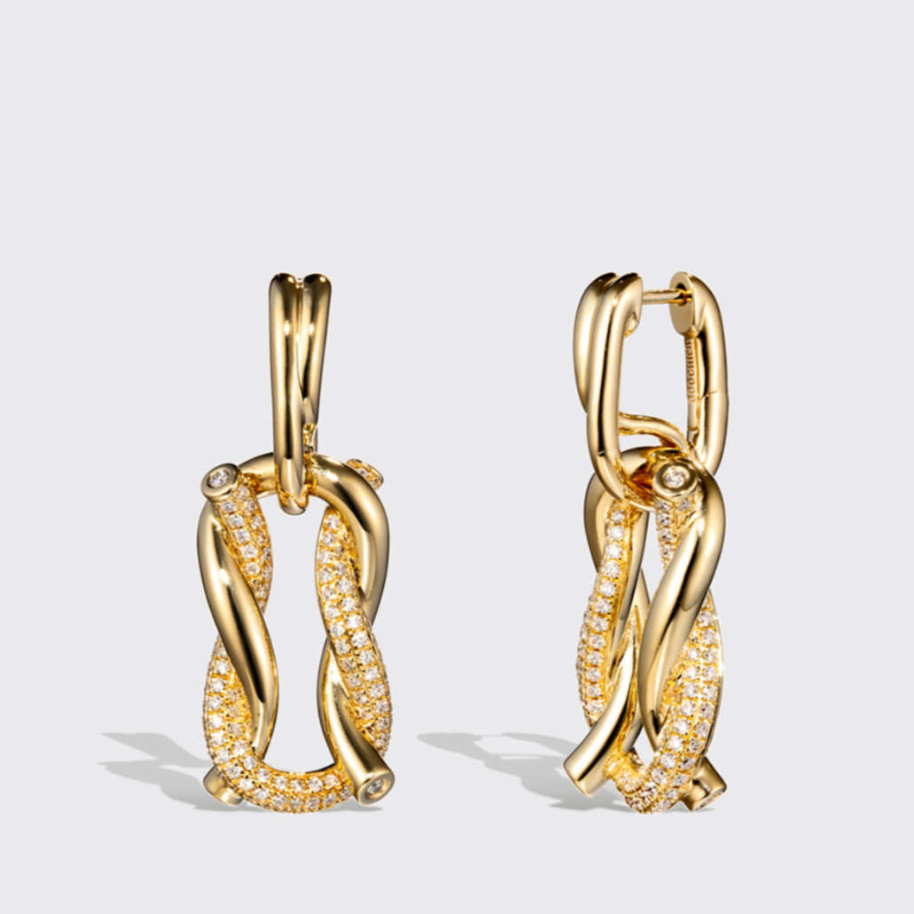 JUMBO YELLOW GOLD HALF DIAMOND TIES BUCKLE EARRINGS