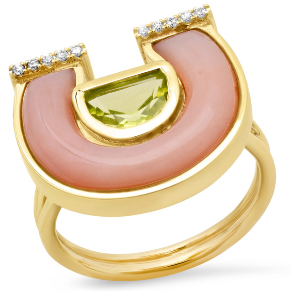 14K YG Peridot, Pink Opal and Diamond Horseshoe Ring