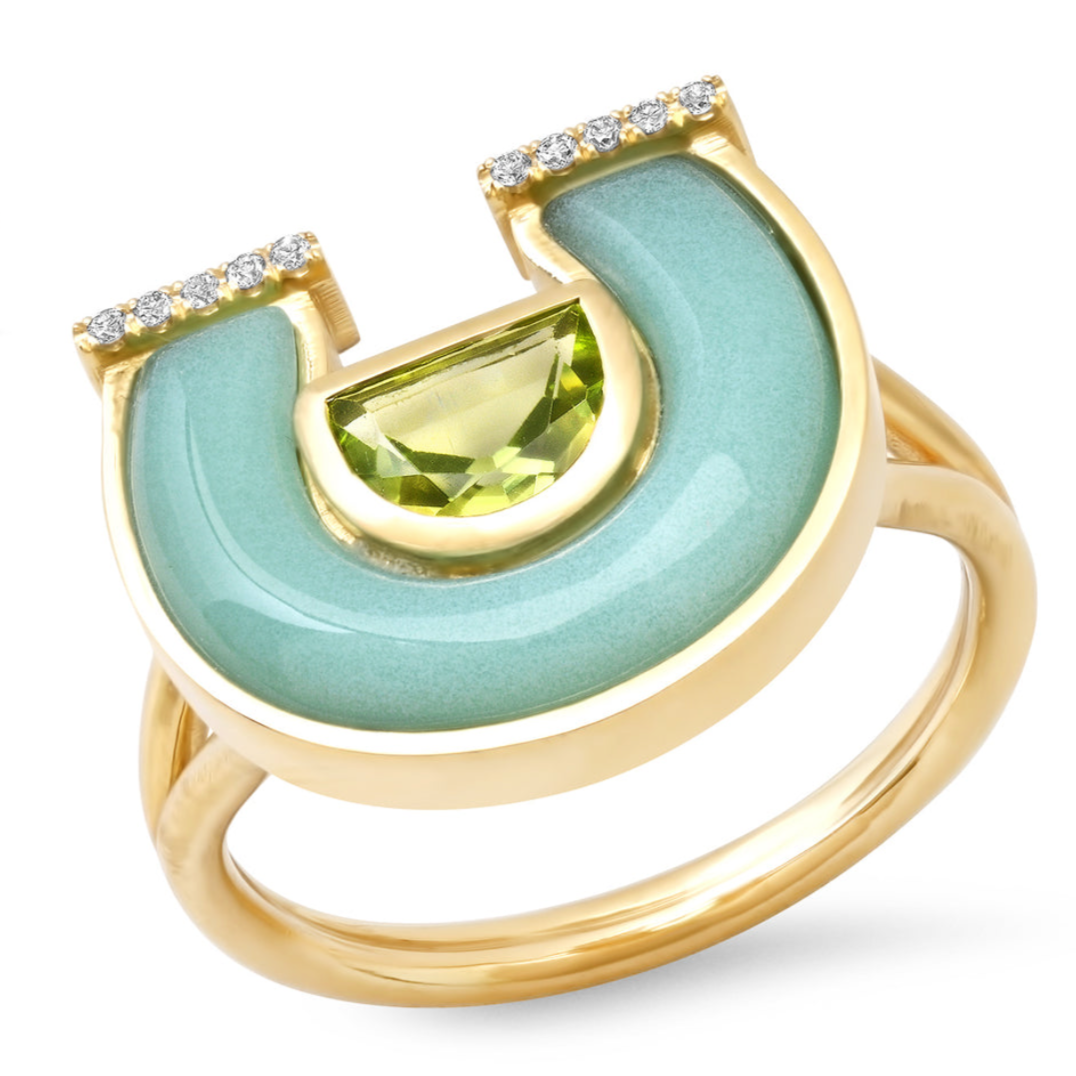 14K YG Peridot, Chrysoprase and Diamond Horseshoe Ring