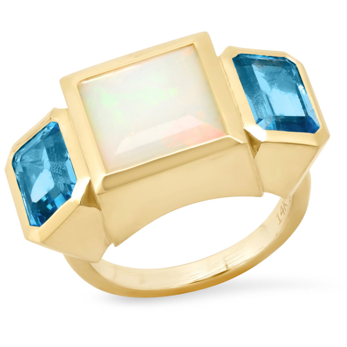 14K YG Ethiopian Opal and Topaz Trilogy Ring