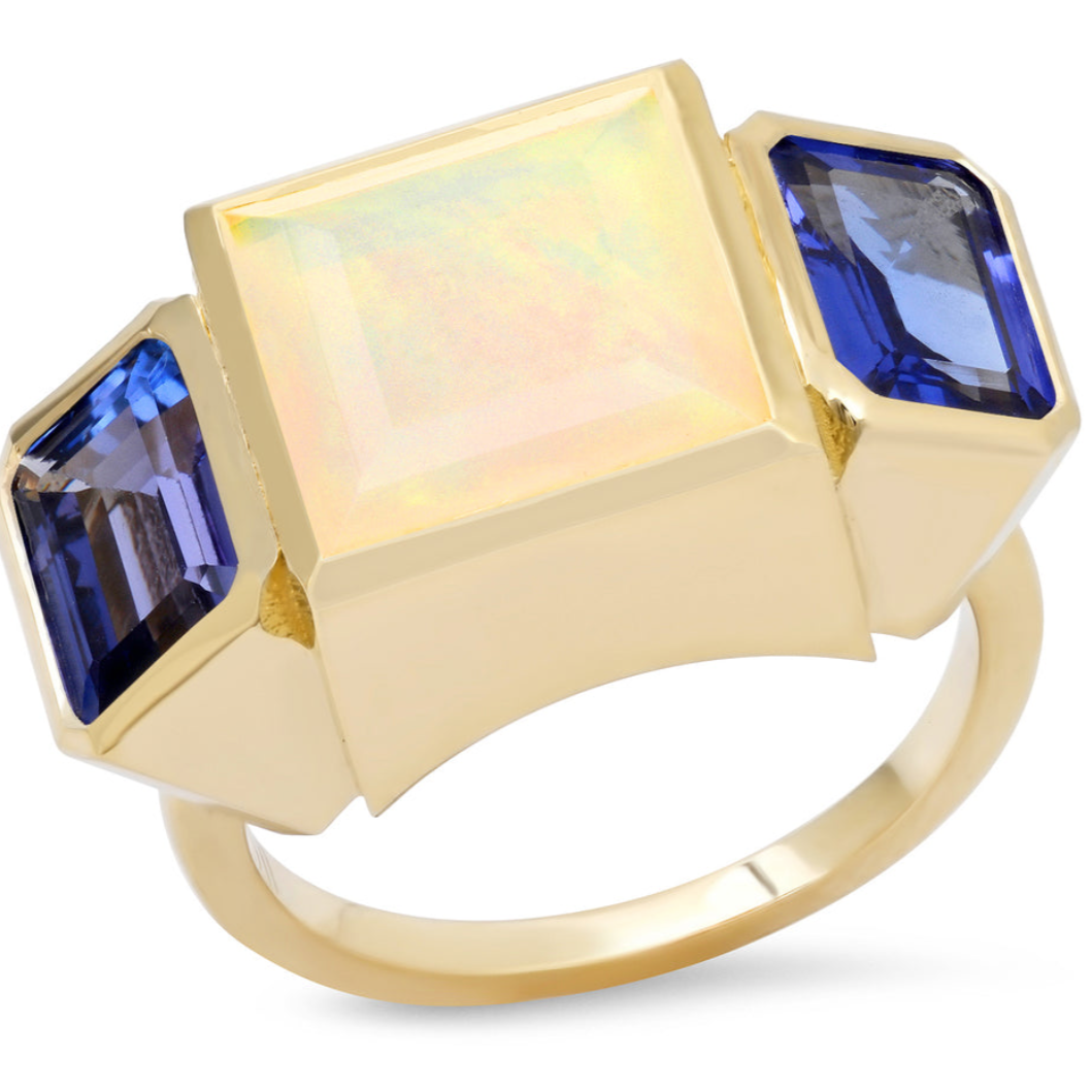 14K YG Ethiopian Opal and Tanzanite Trilogy Ring