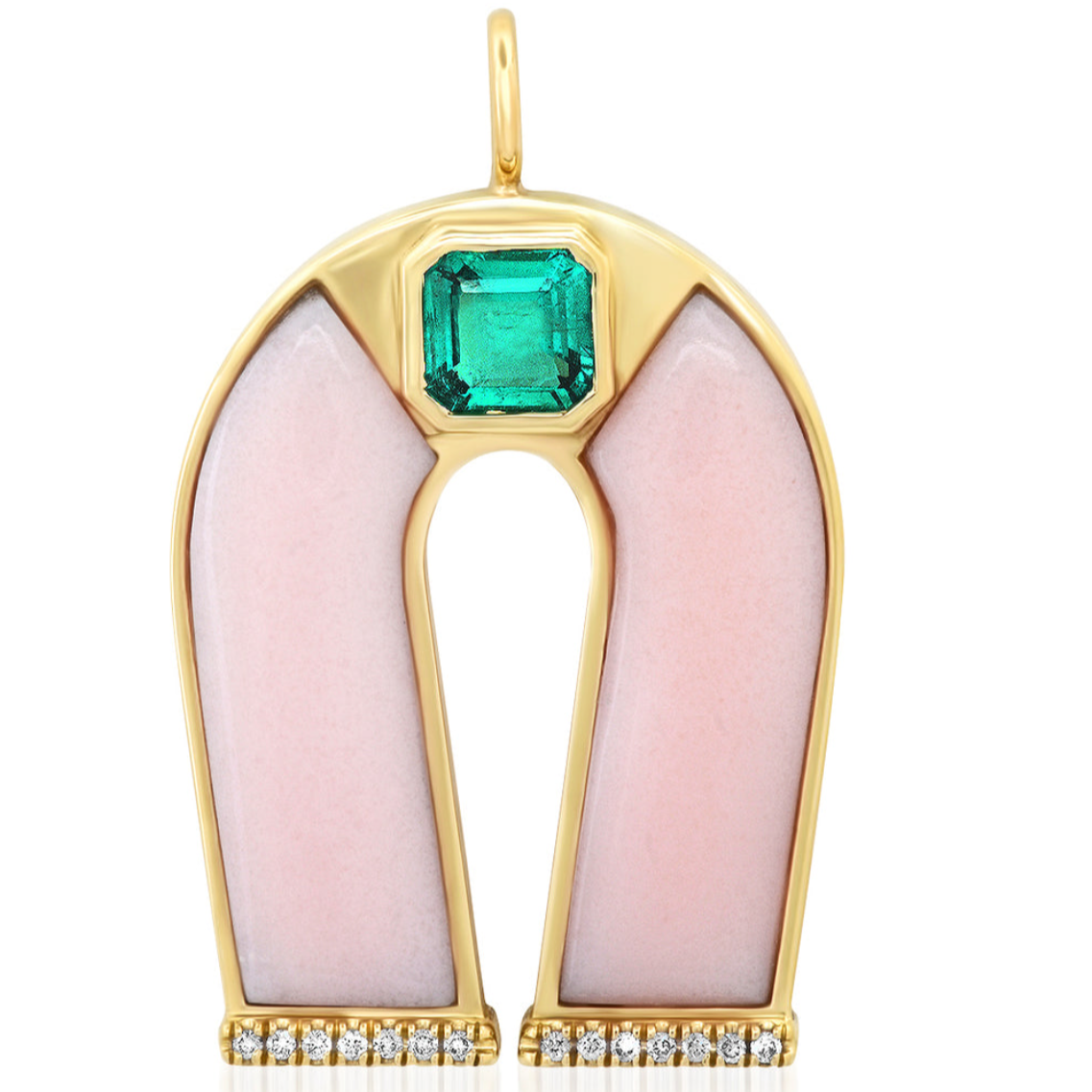 14K Yellow Gold Emerald and Pink Opal Horseshoe Necklace