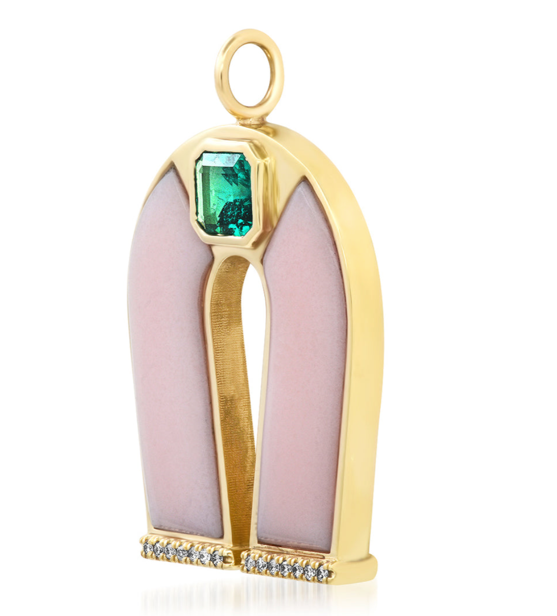 14K Yellow Gold Emerald and Pink Opal Horseshoe Necklace