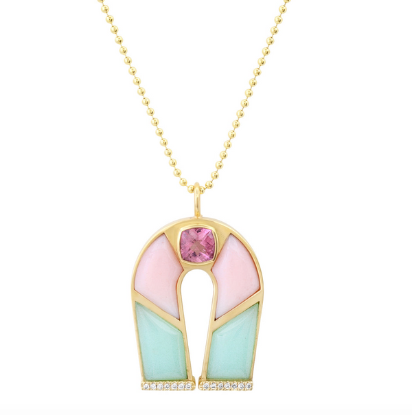 14K Yellow Gold Pink Tourmaline, Pink Opal and Chrysoprase Horseshoe Necklace
