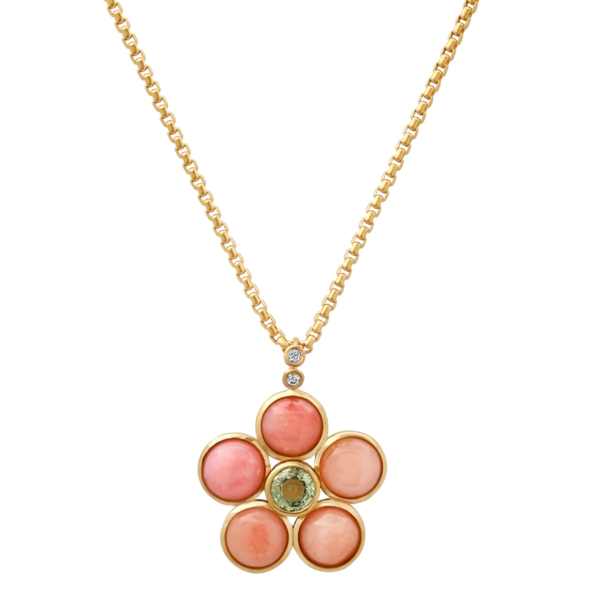 14K YG Green Tourmaline, Pink Opal and Diamond Blossom Necklace