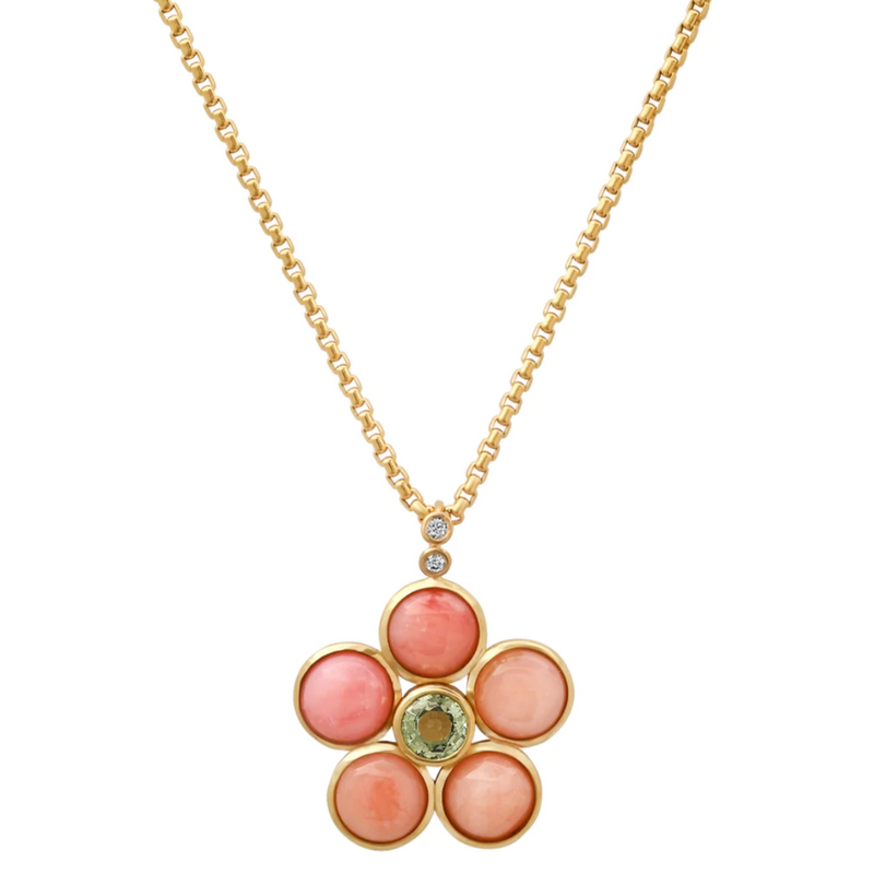 14K YG Green Tourmaline, Pink Opal and Diamond Blossom Necklace Regular price