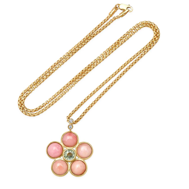 14K YG Green Tourmaline, Pink Opal and Diamond Blossom Necklace Regular price