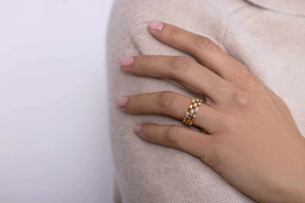 THREE ROW CLEO RING WITH DESCENDING PAVE DIAMOND