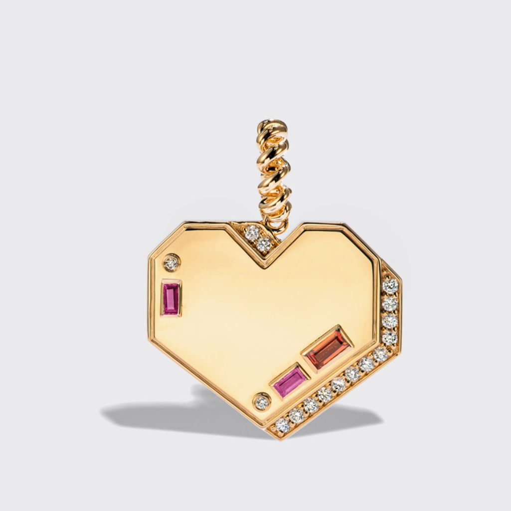 JUMBO YELLOW GOLD DIAMOND HEART PENDANT [ORANGE & PINK SAPPHIRES]