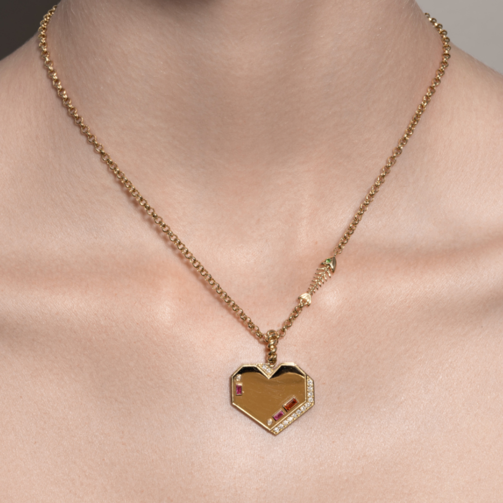 JUMBO YELLOW GOLD DIAMOND HEART PENDANT [ORANGE & PINK SAPPHIRES]