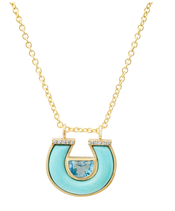 Blue Topaz, Turquoise and Diamond Horseshoe Necklace