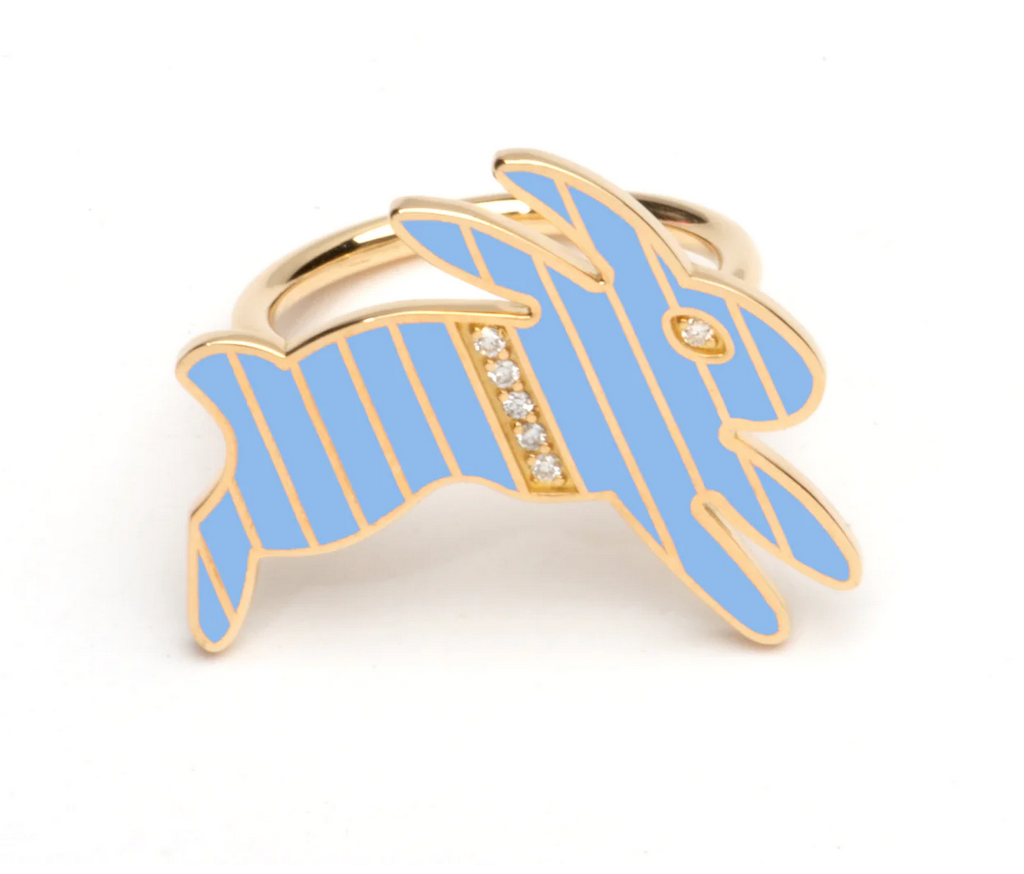 Gold and Diamond Stripe Blue Enamel Bunny Ring