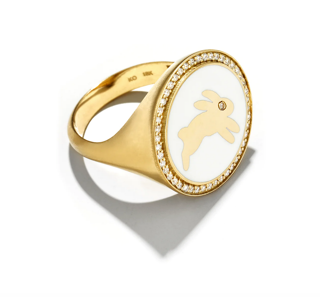 Gold and White Enamel Bunny Signet Ring