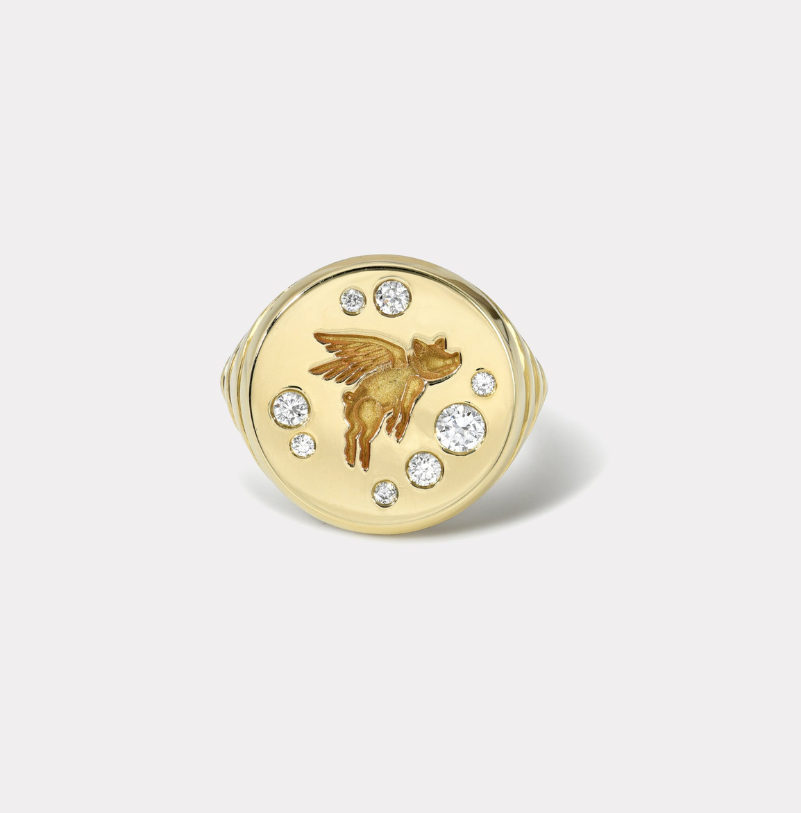 Flying Pig Fantasy Signet Ring with Diamonds