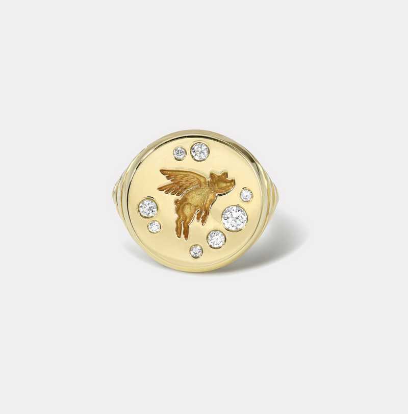 Flying Pig Fantasy Signet Ring with Diamonds