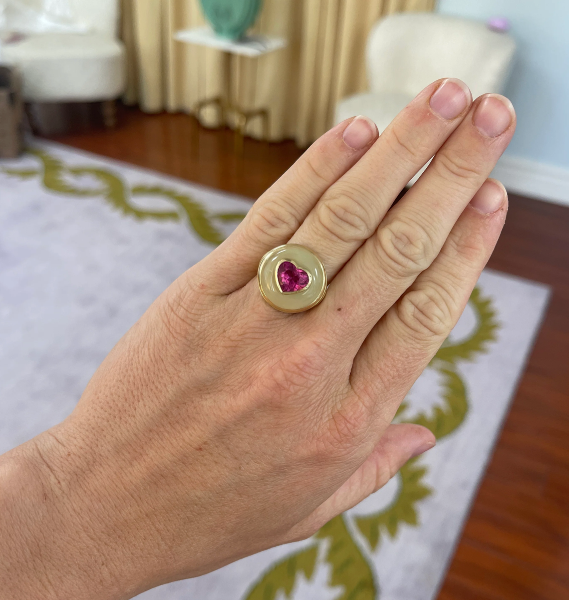 Petite Lollipop Ring - 2.32ct Rubellite Heart in Hand Carved Aquamarine