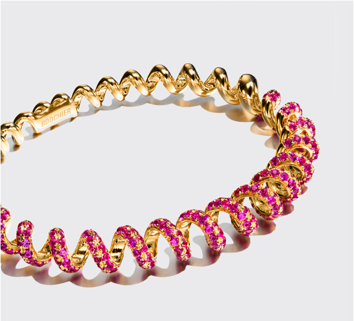 YELLOW GOLD PINK SAPPHIRE SLINKEE BANGLE