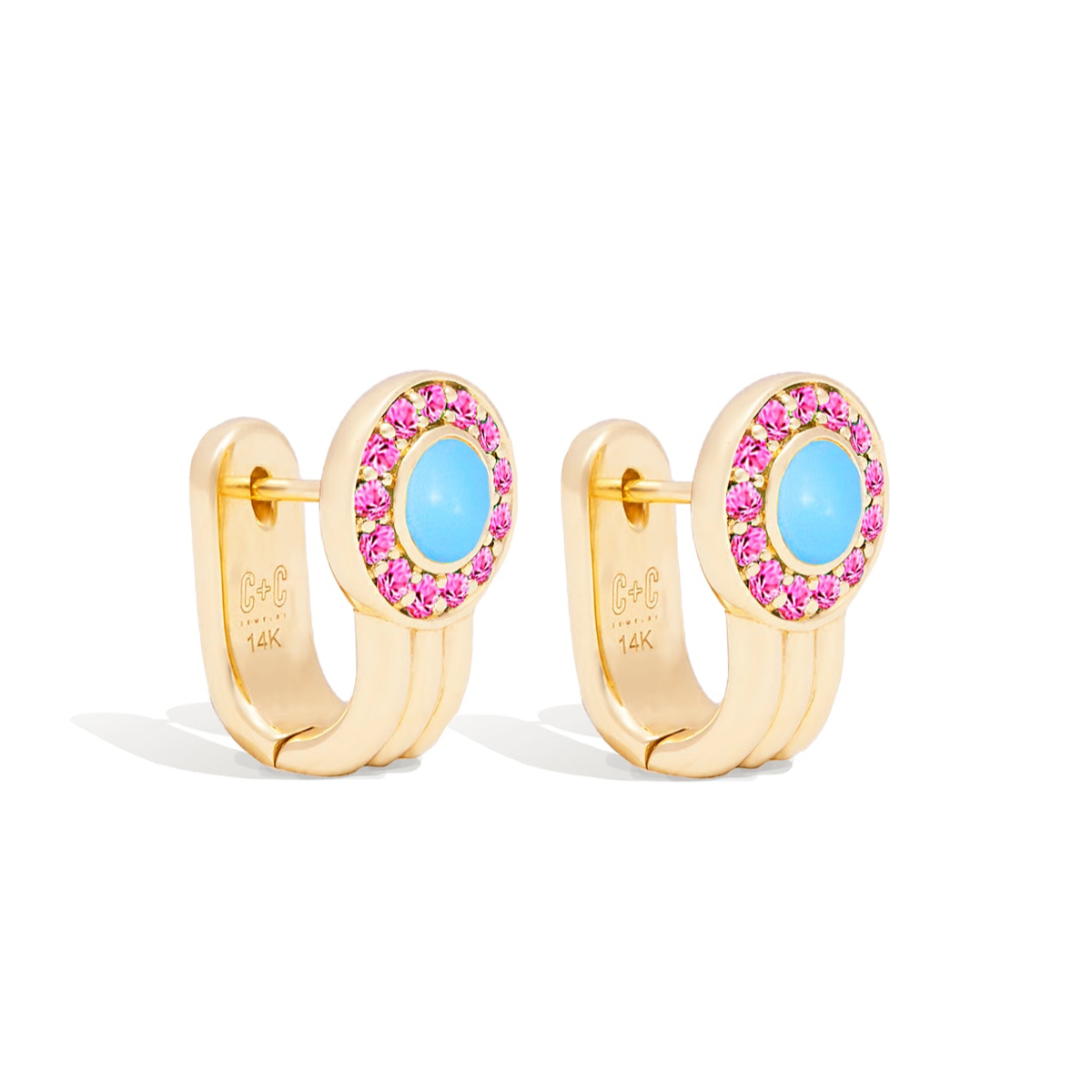 Found Cabochon Huggie - Turquoise & Pink Sapphire