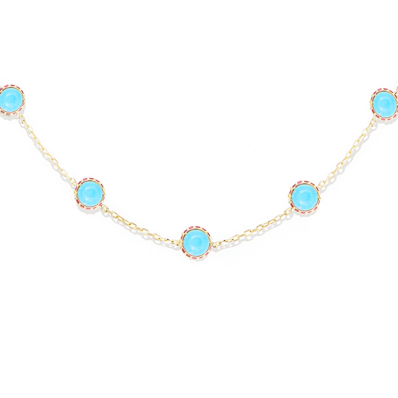 Found Cabochon Station Necklace - Turquoise & Pink Sapphire