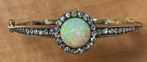 Victorian Australian Opal and Diamond Bangle Bracelet, Circa 1880s