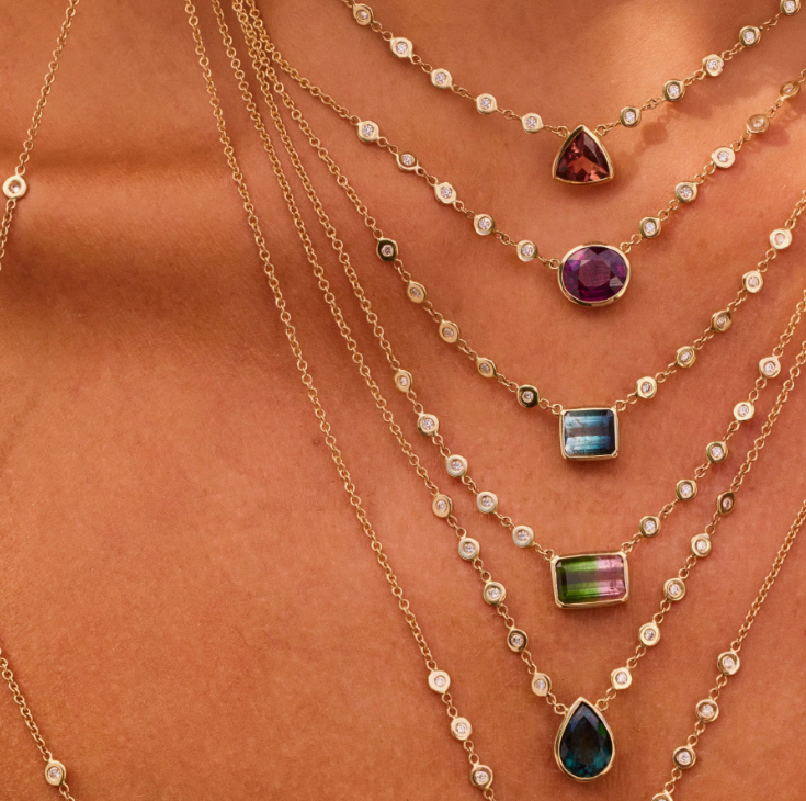 Pink Tourmaline Trillion 10 Diamond Necklace