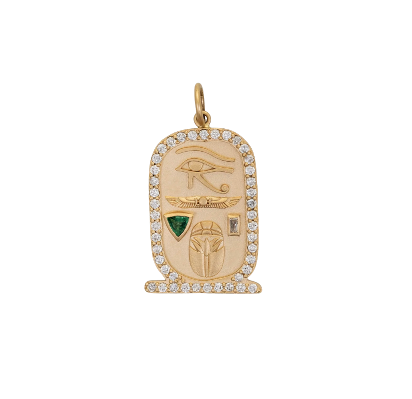 LARGE PAVE EMERALD TRILLION + BAGUETTE DIAMOND CARTOUCHE CHARM