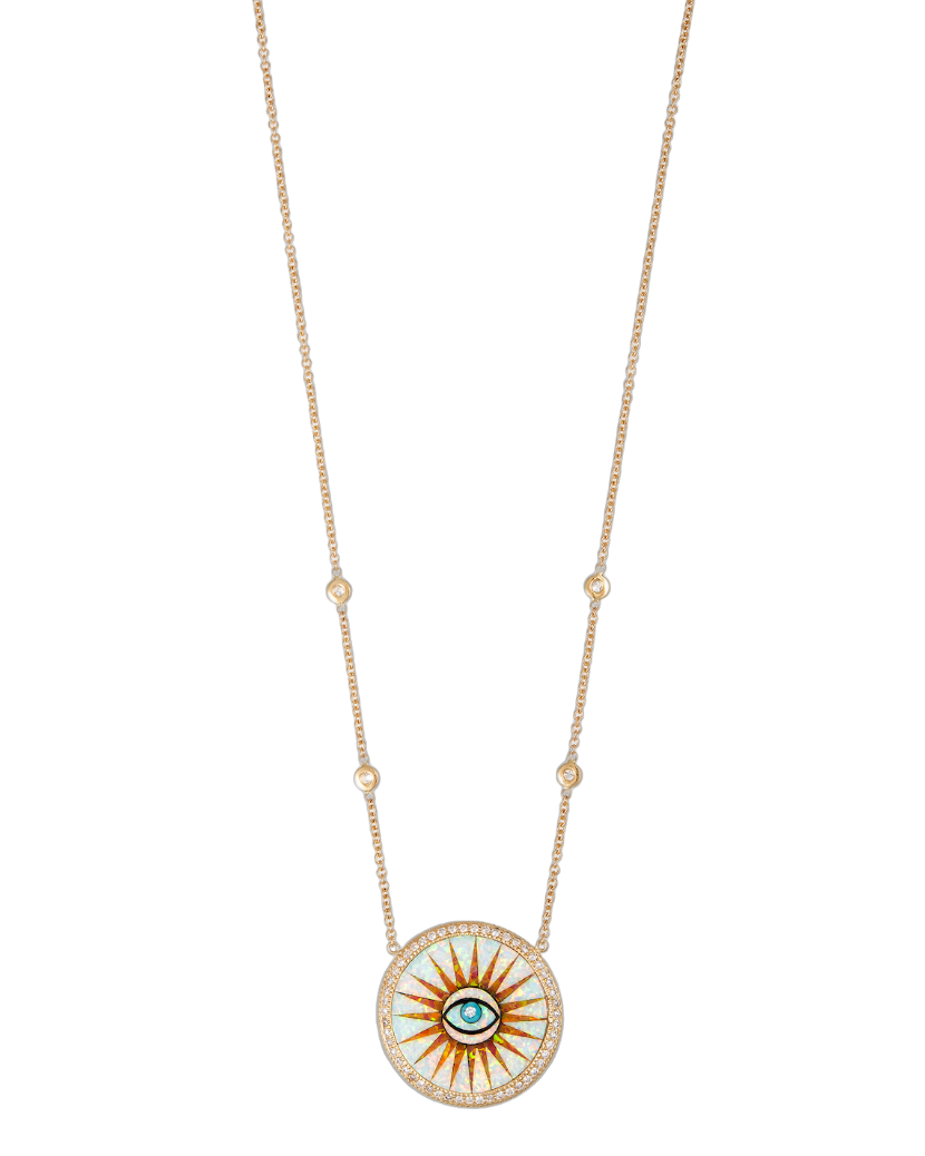Pave Diamond Round Opal Diamond Eye Burst Necklace