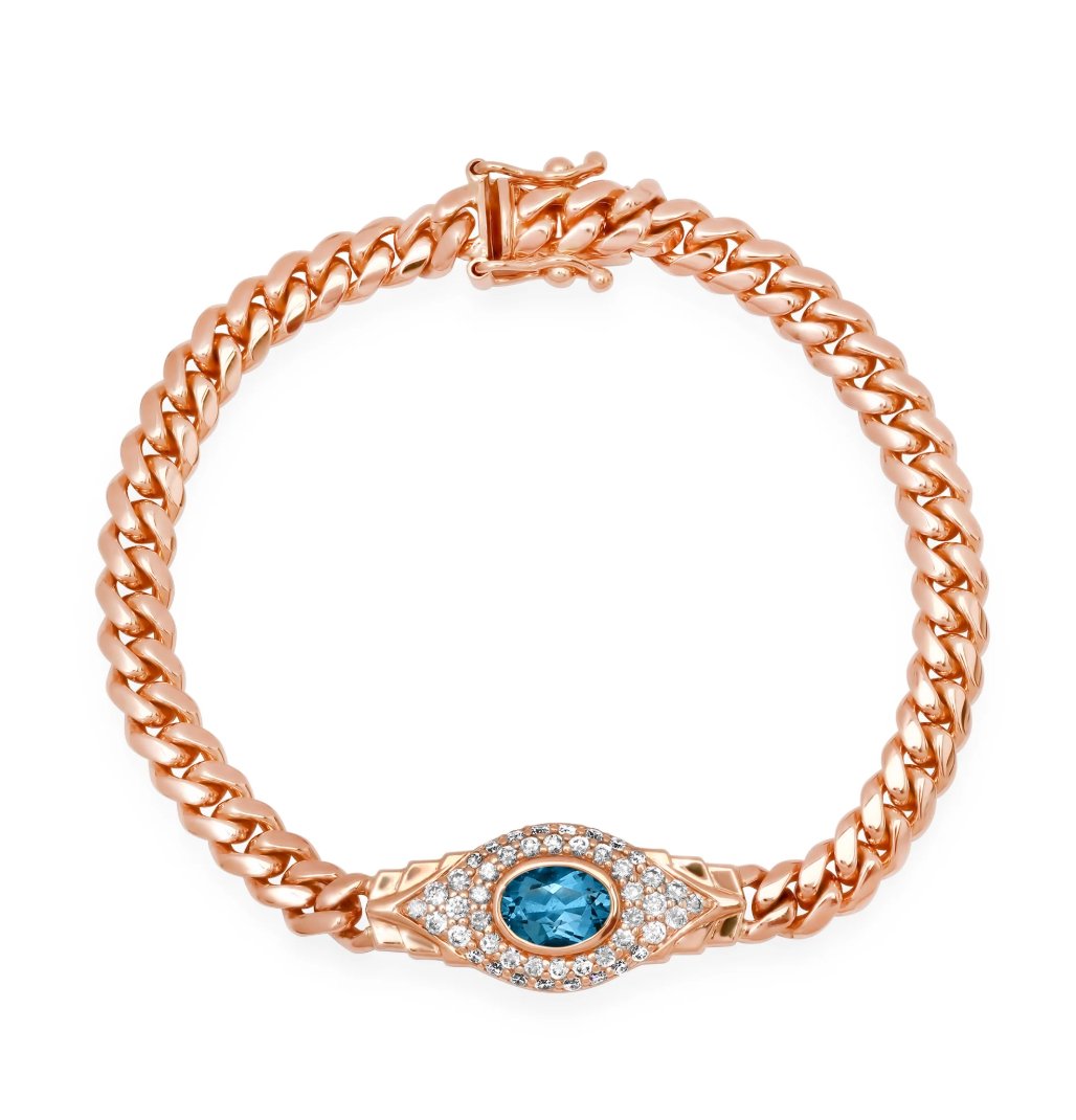 14k Gold Diamond and Gemstone Jumbo Evil Eye 2.0 Miami Cuban Link Bracelet