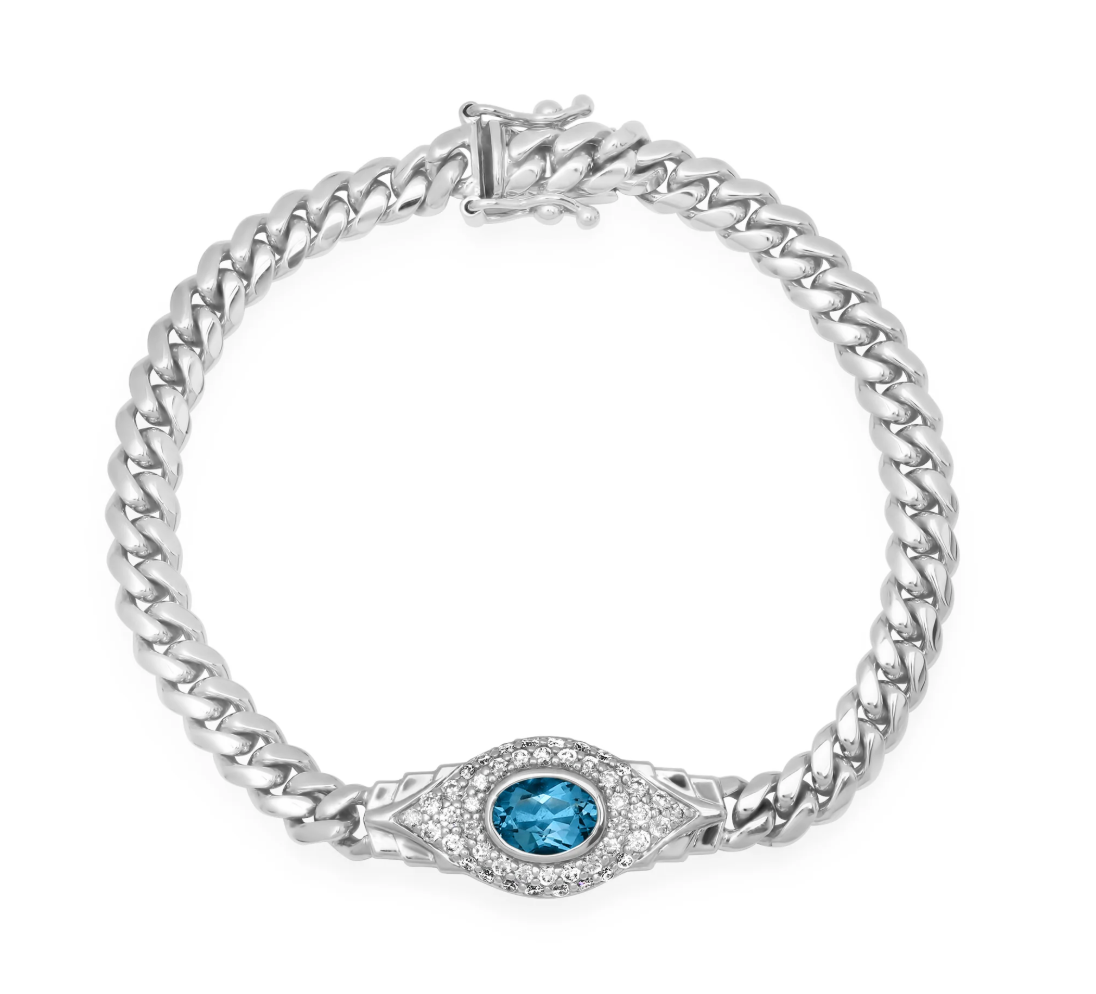 14k Gold Diamond and Gemstone Jumbo Evil Eye 2.0 Miami Cuban Link Bracelet