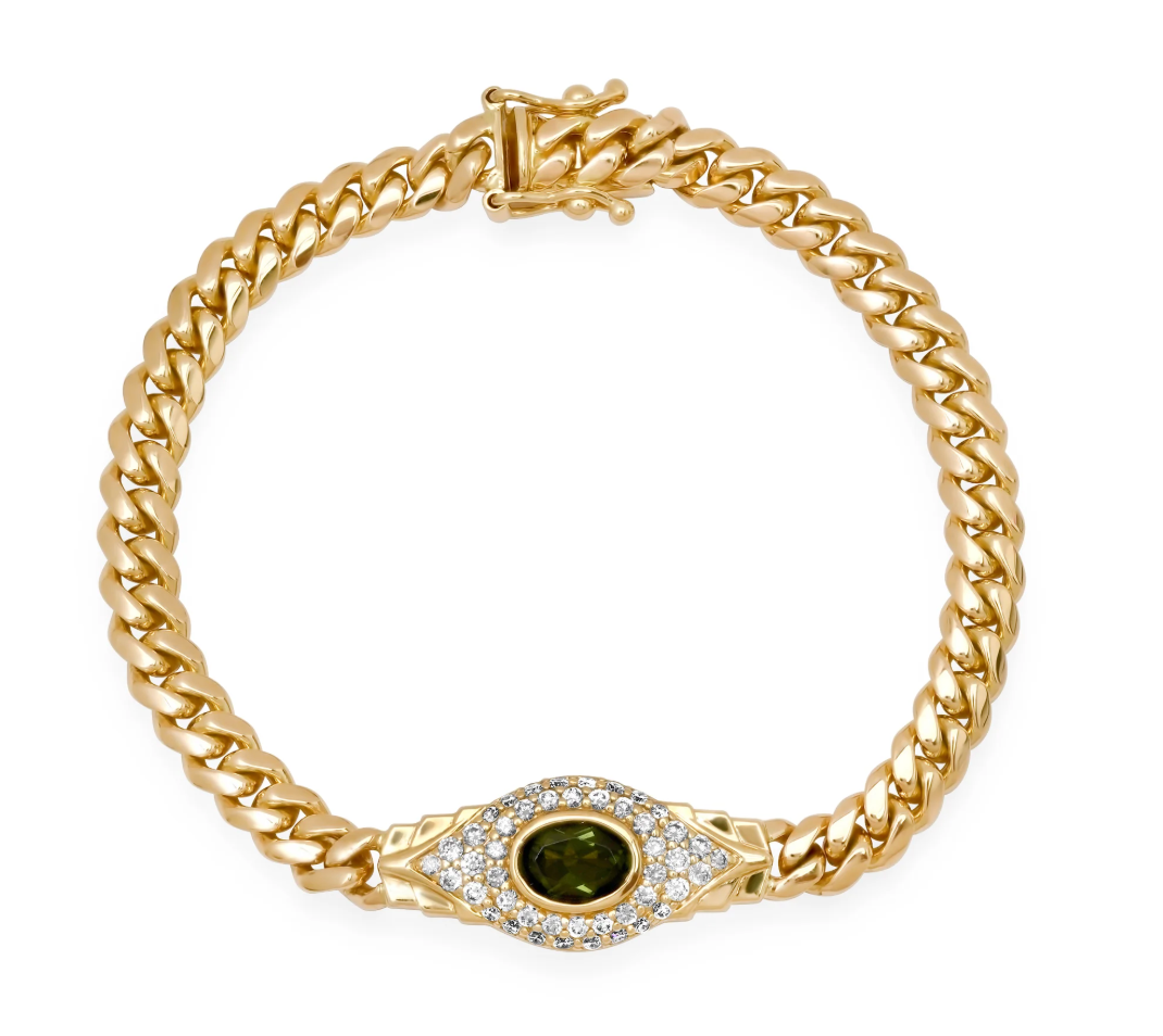 14k Gold Diamond and Gemstone Jumbo Evil Eye 2.0 Miami Cuban Link Bracelet
