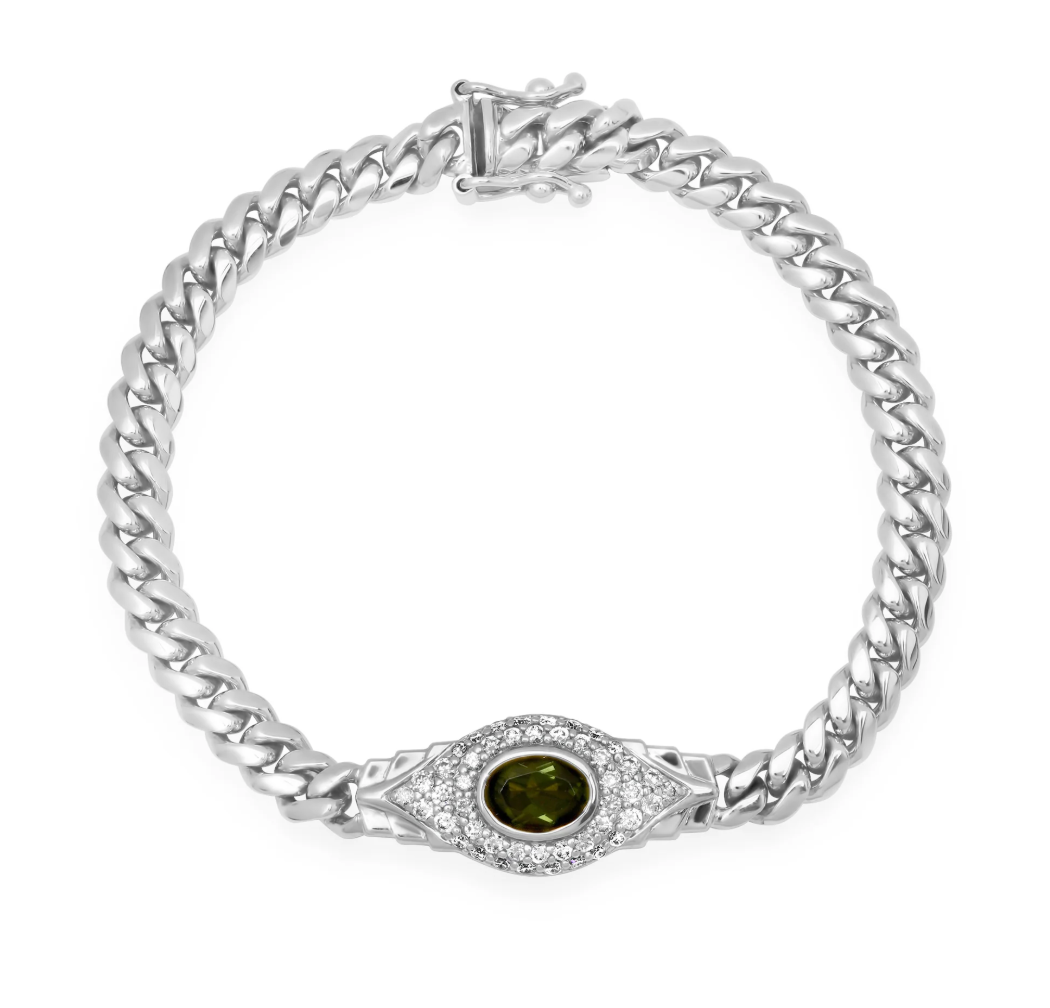 14k Gold Diamond and Gemstone Jumbo Evil Eye 2.0 Miami Cuban Link Bracelet