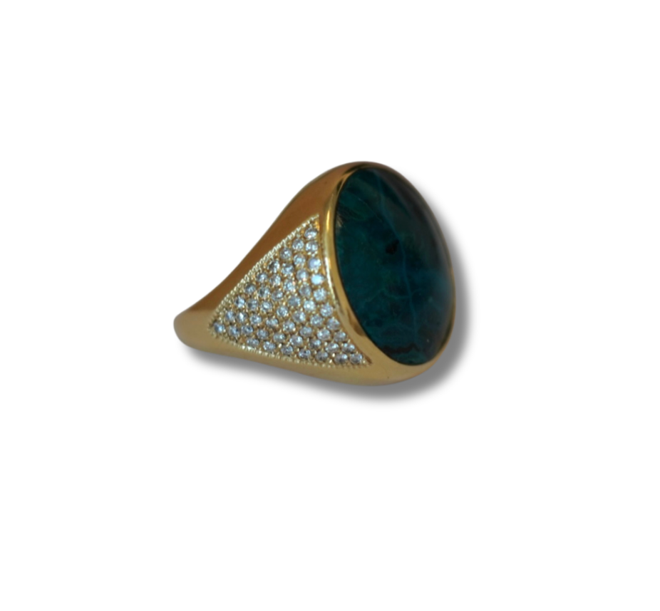 Large Round Chrysocolla Pave Diamond Sides Signet Ring