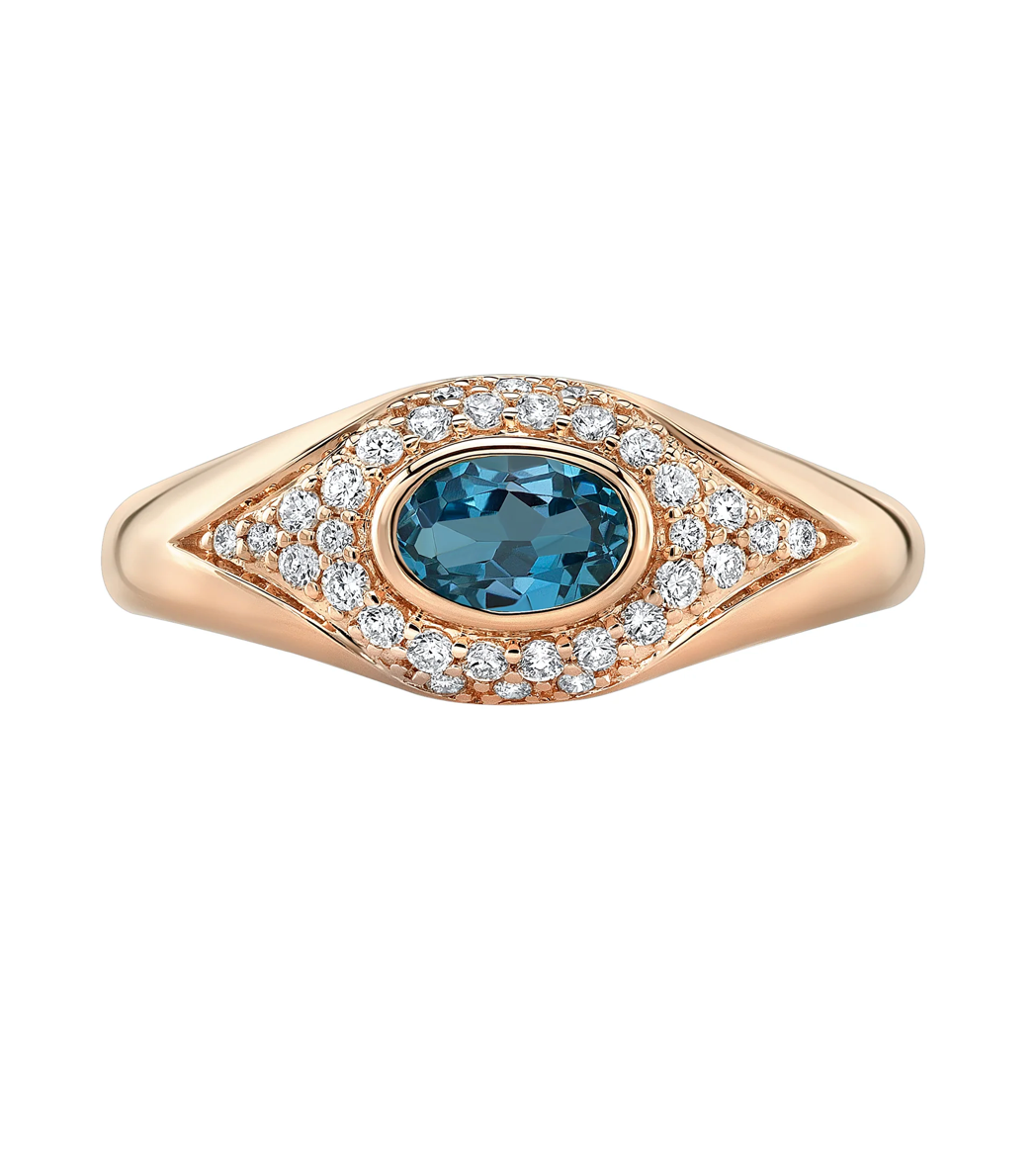 14K GOLD DIAMOND OVAL GEMSTONE EVIL EYE DOME RING