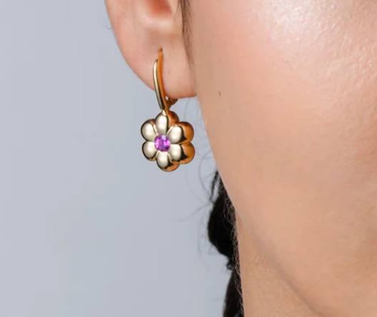 Pink Sapphire FLOWER PUFF CLIP HOOP EARRINGS
