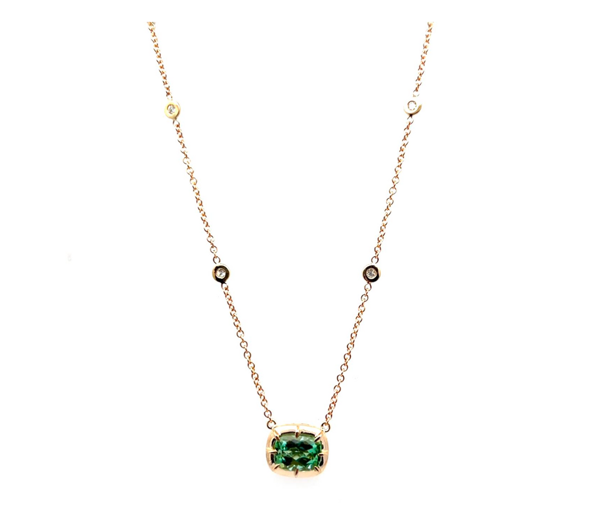 RECTANGLE GREEN TOURMALINE VINTAGE BEZEL 4 DIAmond NECKLACE