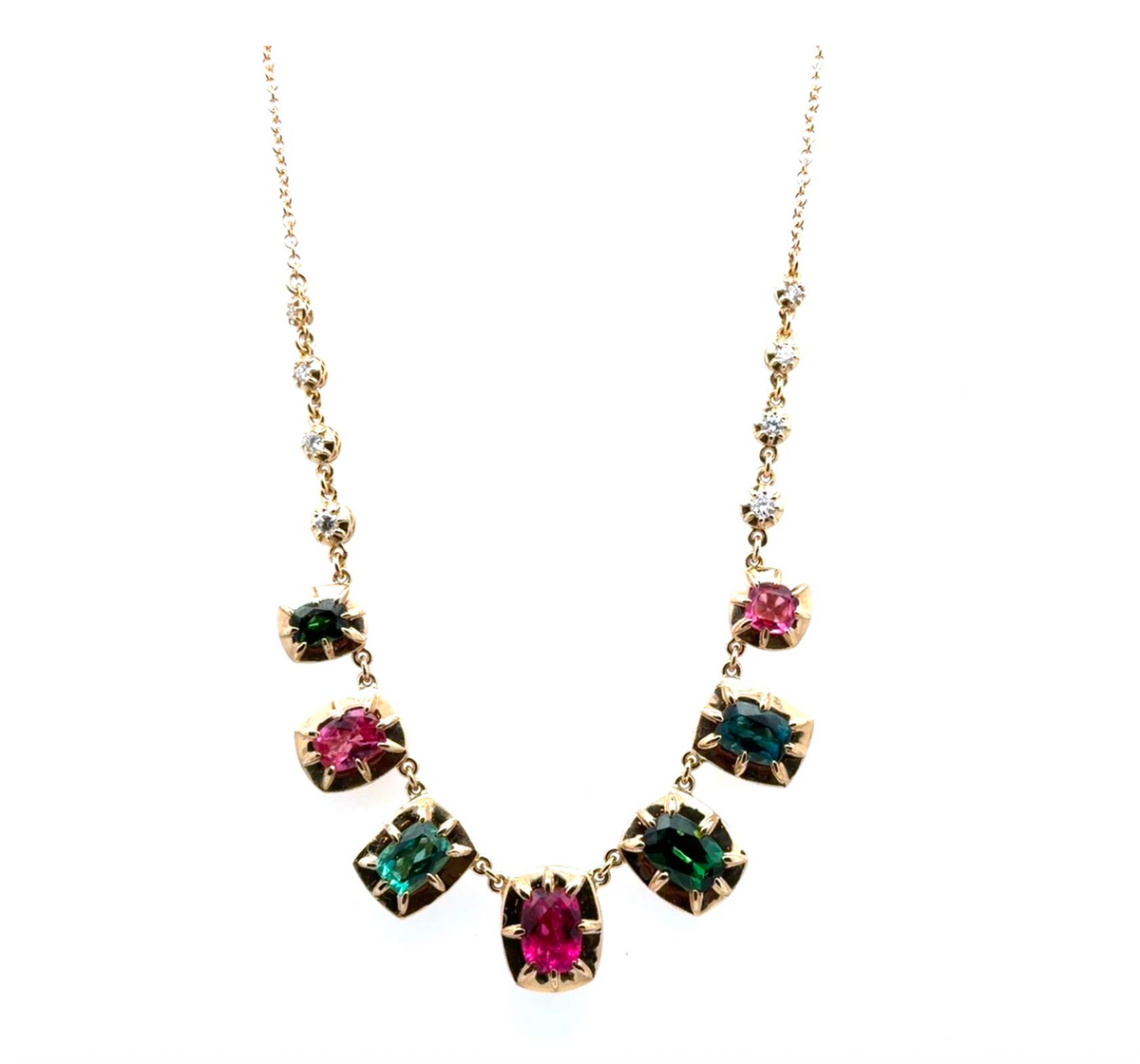 LARGE GRADUATED VINTAGE BEZEL TOURMALINE + 8 SOPHIA DIAmond NECKLACE
