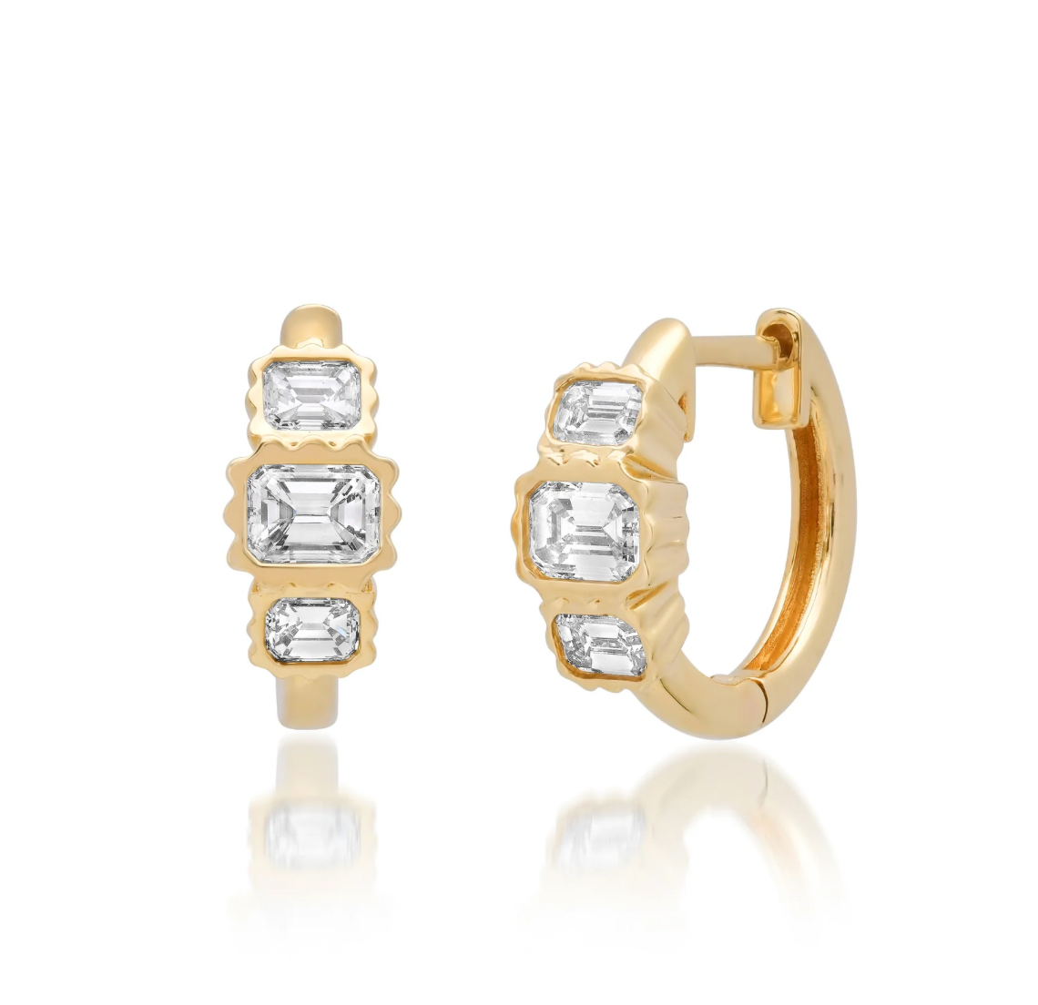 14K YG Laine Emerald Cut Diamond Huggies