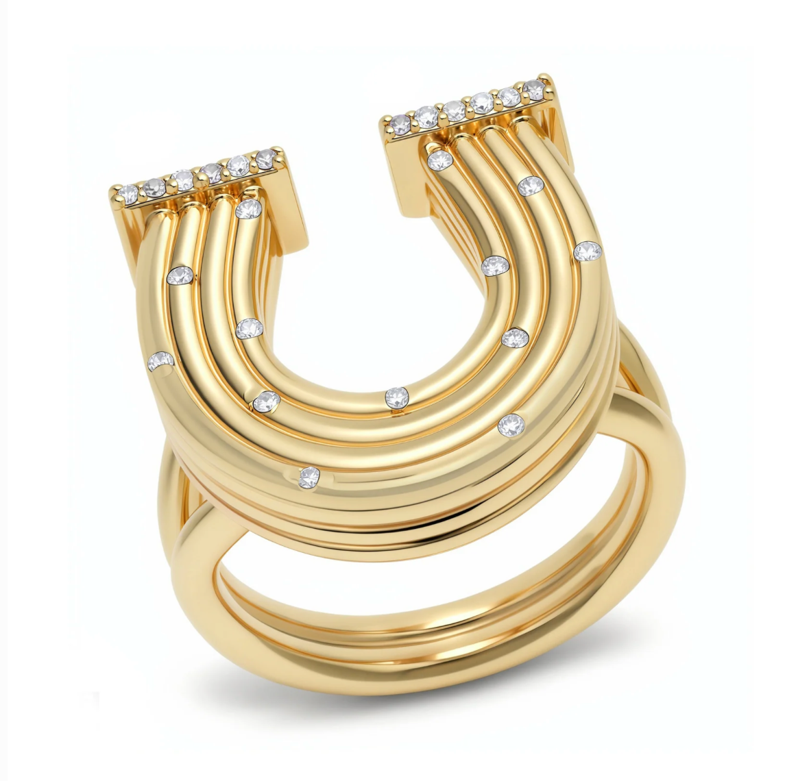 14K YG Reeded Gold And Diamond Horseshoe Ring