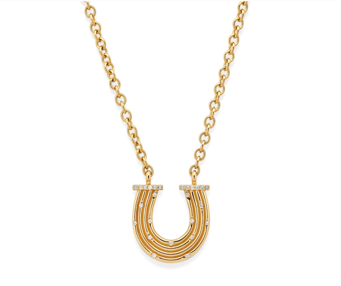 14K YG Reeded Gold And Diamond Horseshoe Necklace