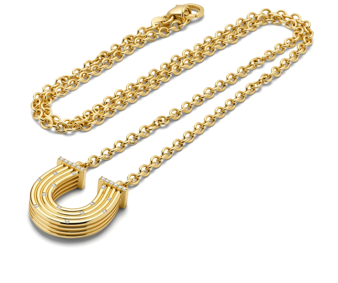 14K YG Reeded Gold And Diamond Horseshoe Necklace