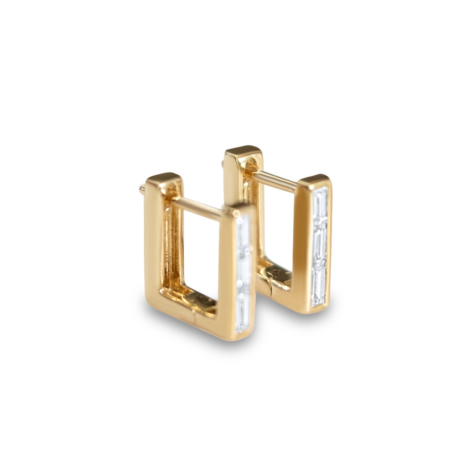 Skinny Square Huggie Earrings with three Diamond Baguettes