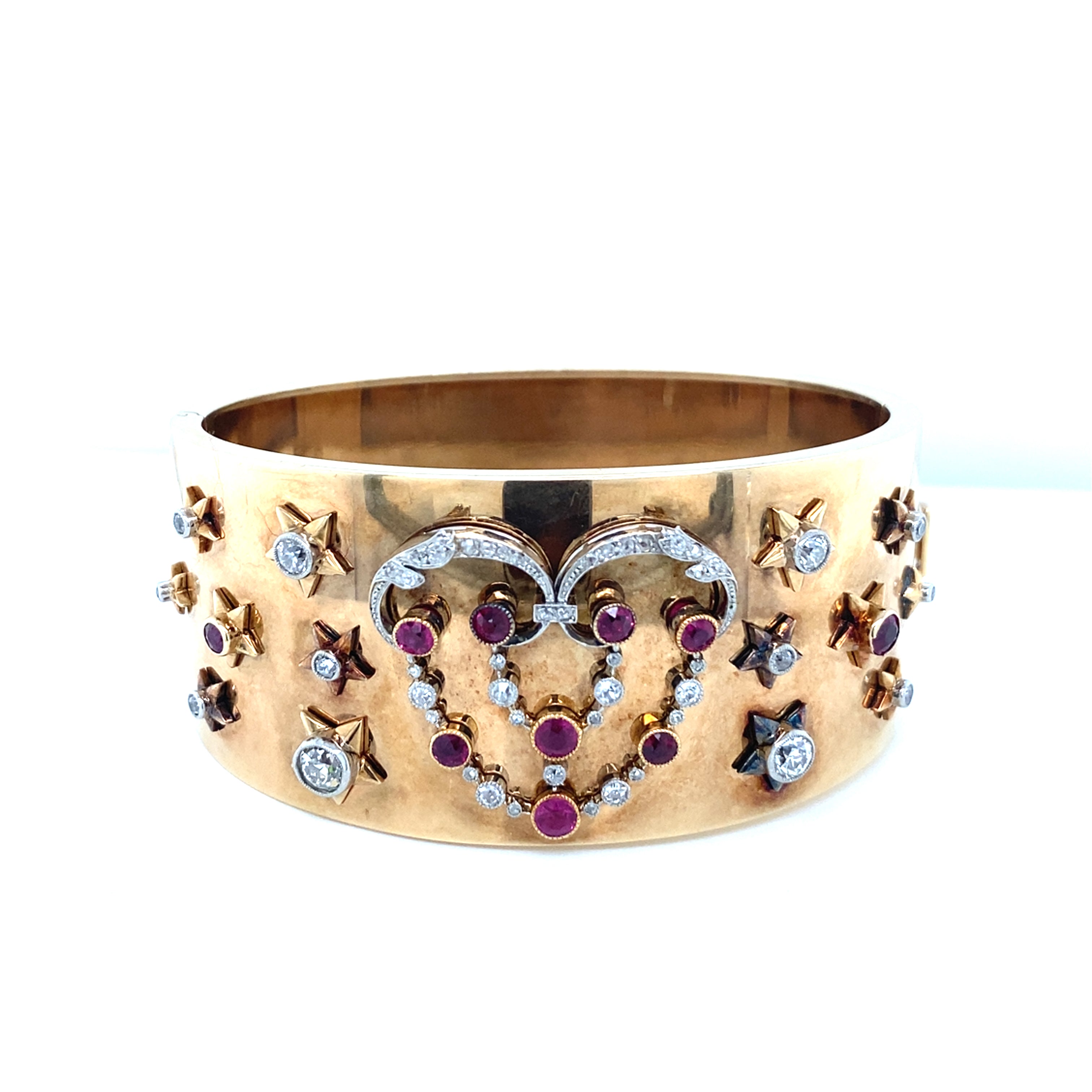 RETRO ROSE GOLD + PLATINUM BANGLE WITH DIAMONDS AND RUBIES