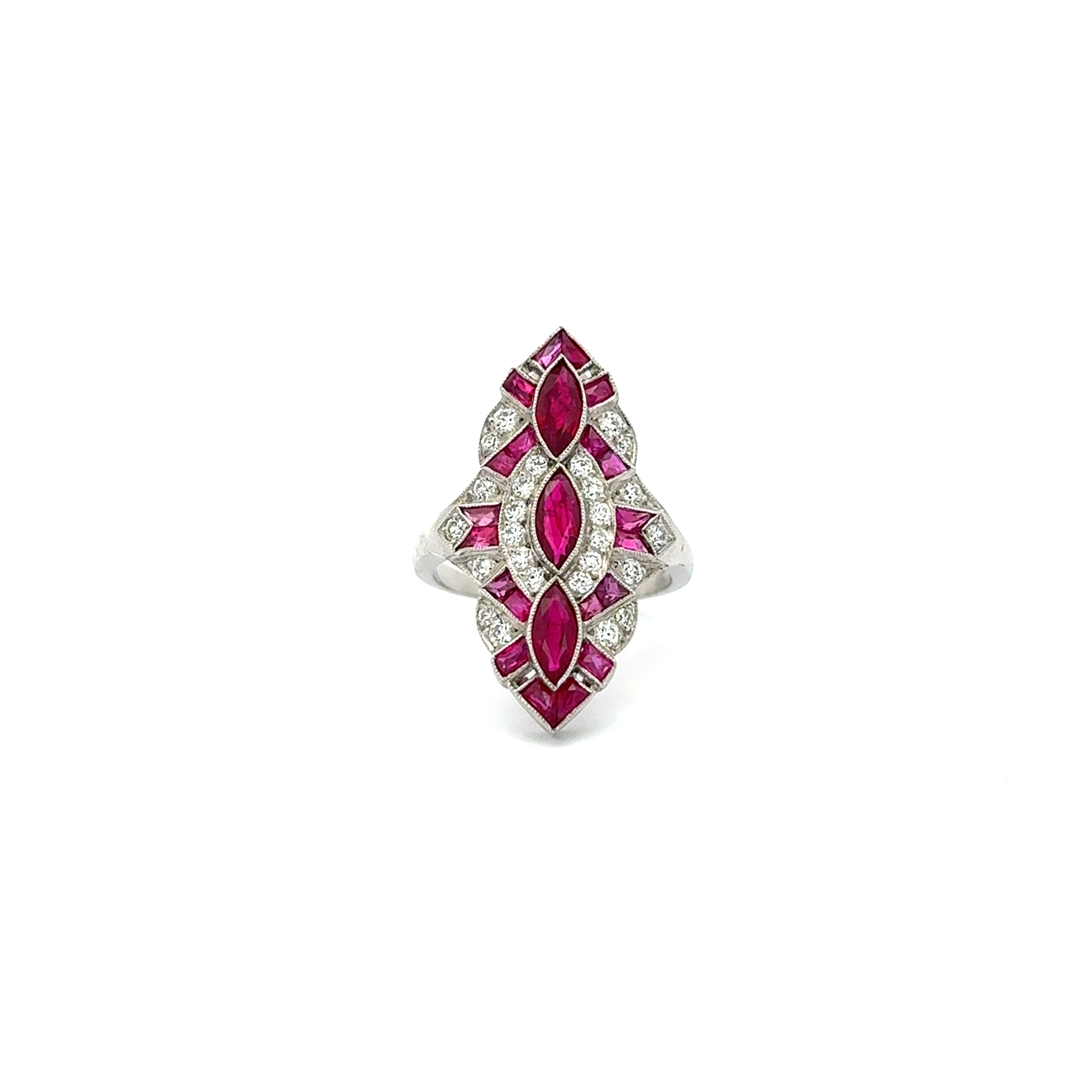 Vintage Three Marquise Burma Ruby Handmade Navette Ring