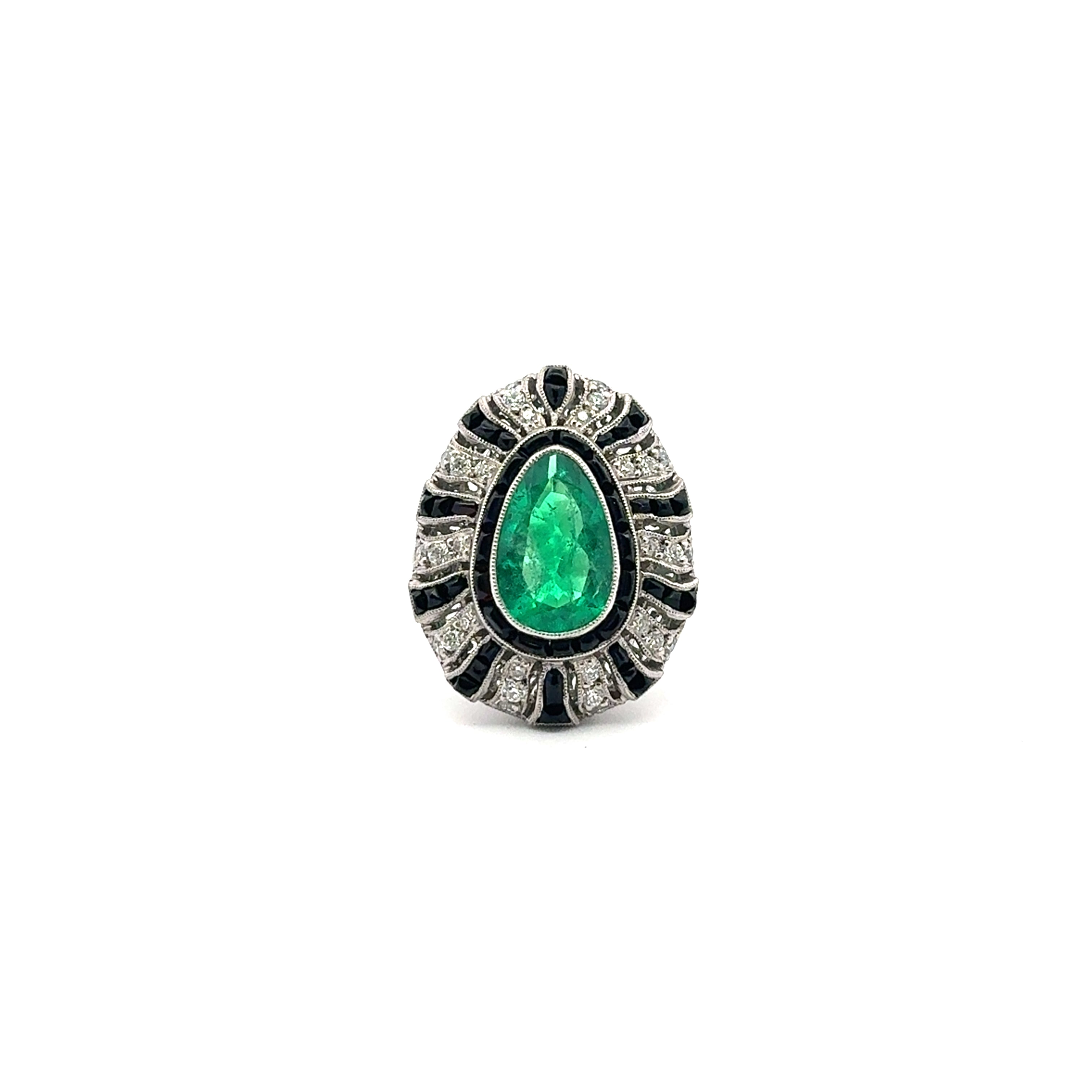 Vintage Emerald, Onyx, and Diamond Platinum Handmade Ring