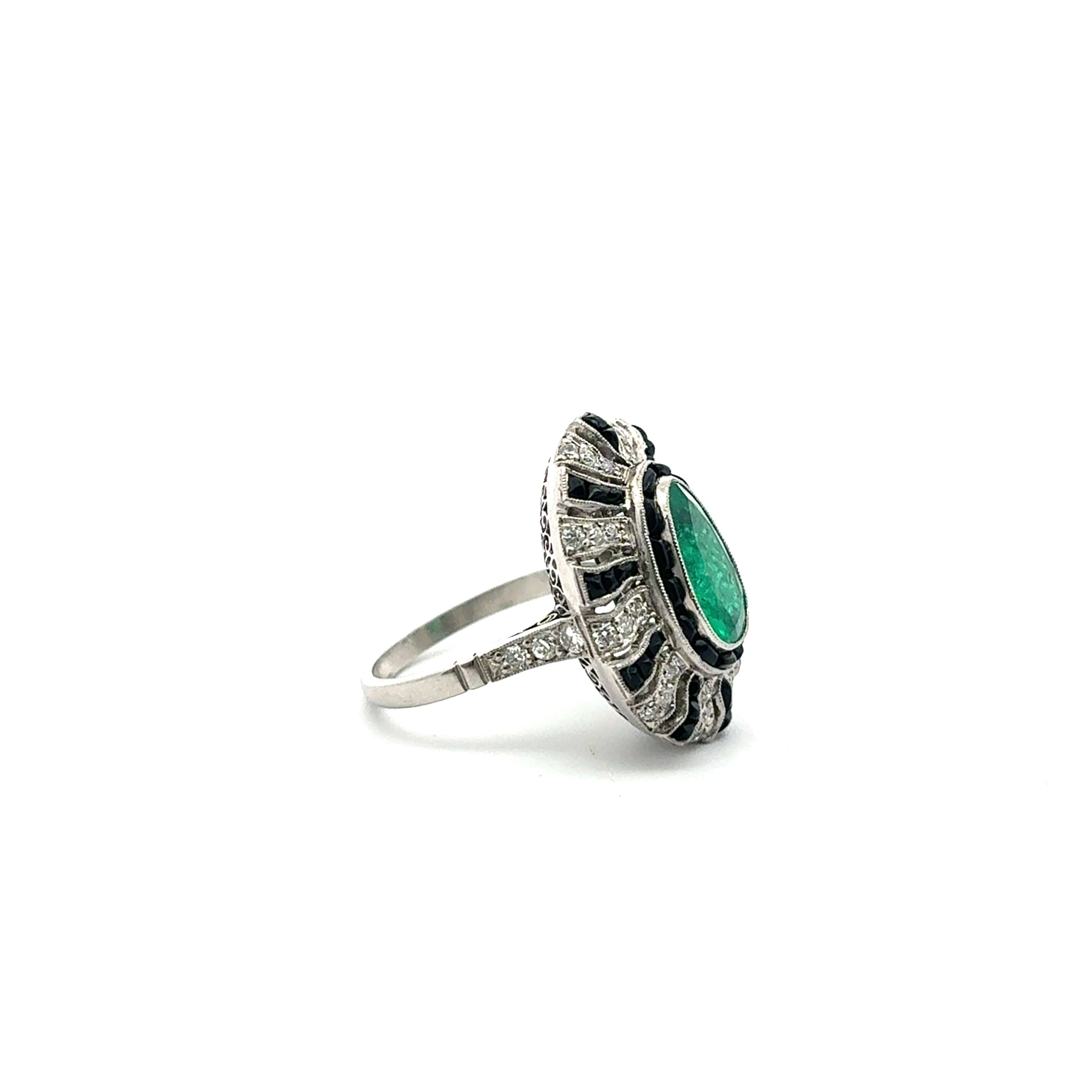 Vintage Emerald, Onyx, and Diamond Platinum Handmade Ring