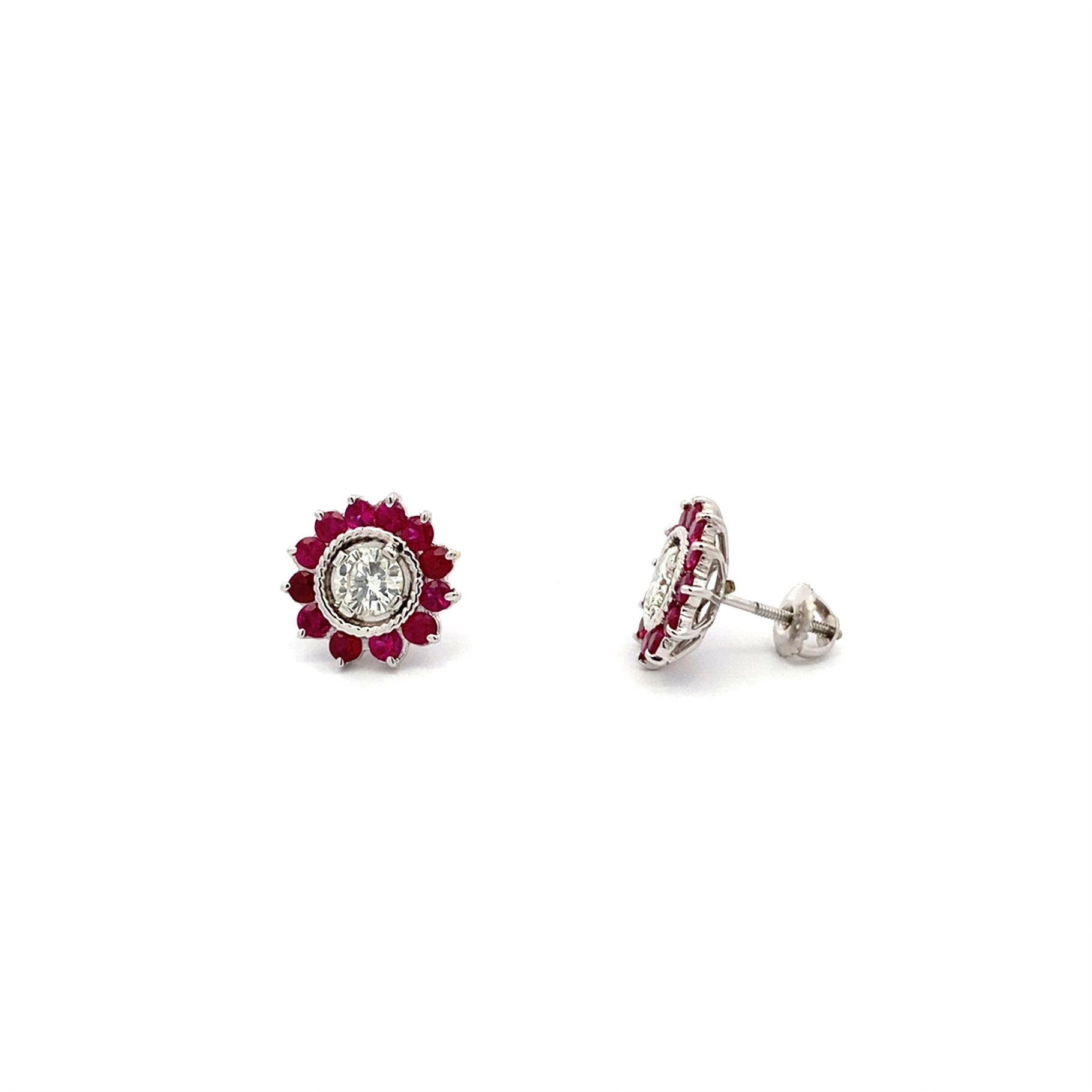 Vintage Ruby and Diamond Flower Earrings