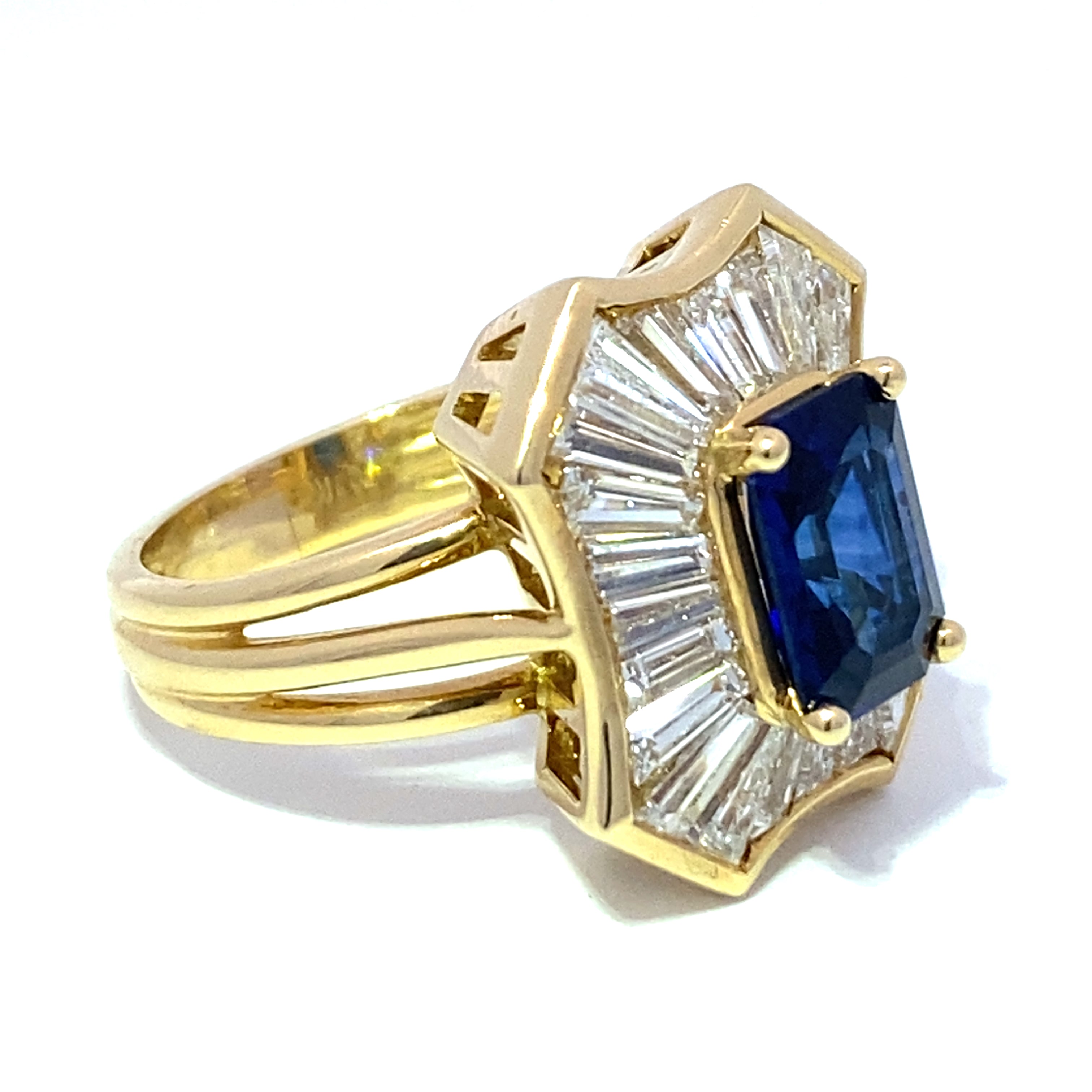 1970s 18K Yellow Gold Sapphire & Baguette Diamond Ring
