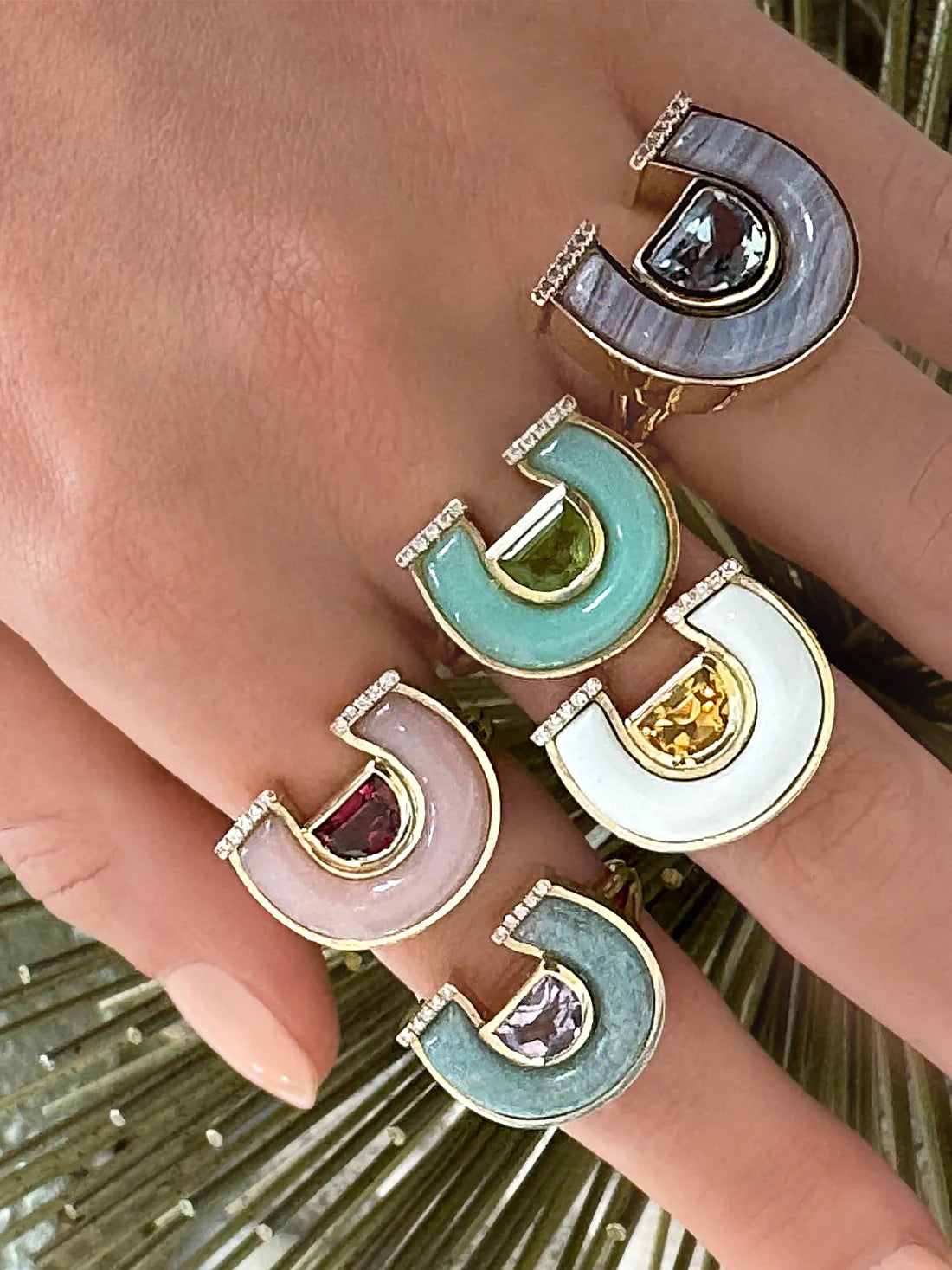 14K Yellow Gold Medium Topaz, Lace Agate and Diamond Horseshoe Ring