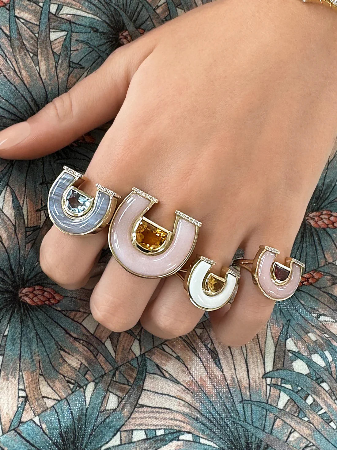 14K Yellow Gold Medium Topaz, Lace Agate and Diamond Horseshoe Ring